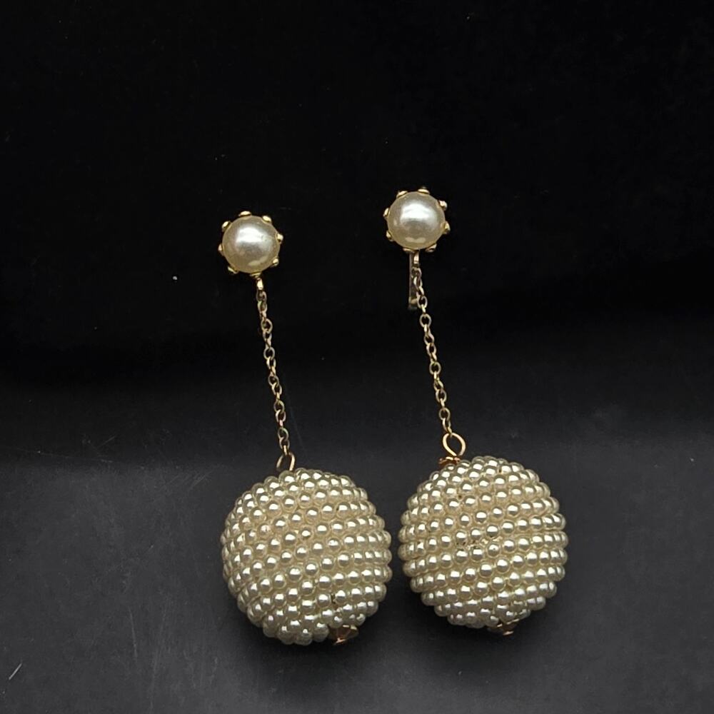 Faux Pearl Beaded Ball Clip On Earrings Dangle Drop Vintage Jewelry